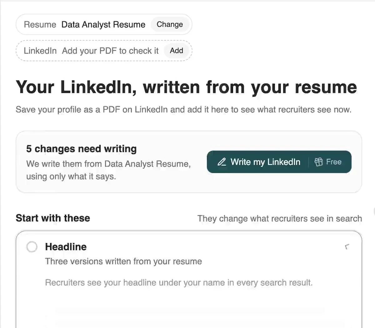 A LinkedIn profile written from a resume: three headlines to choose from, one picked and shown under the name, then the About written
