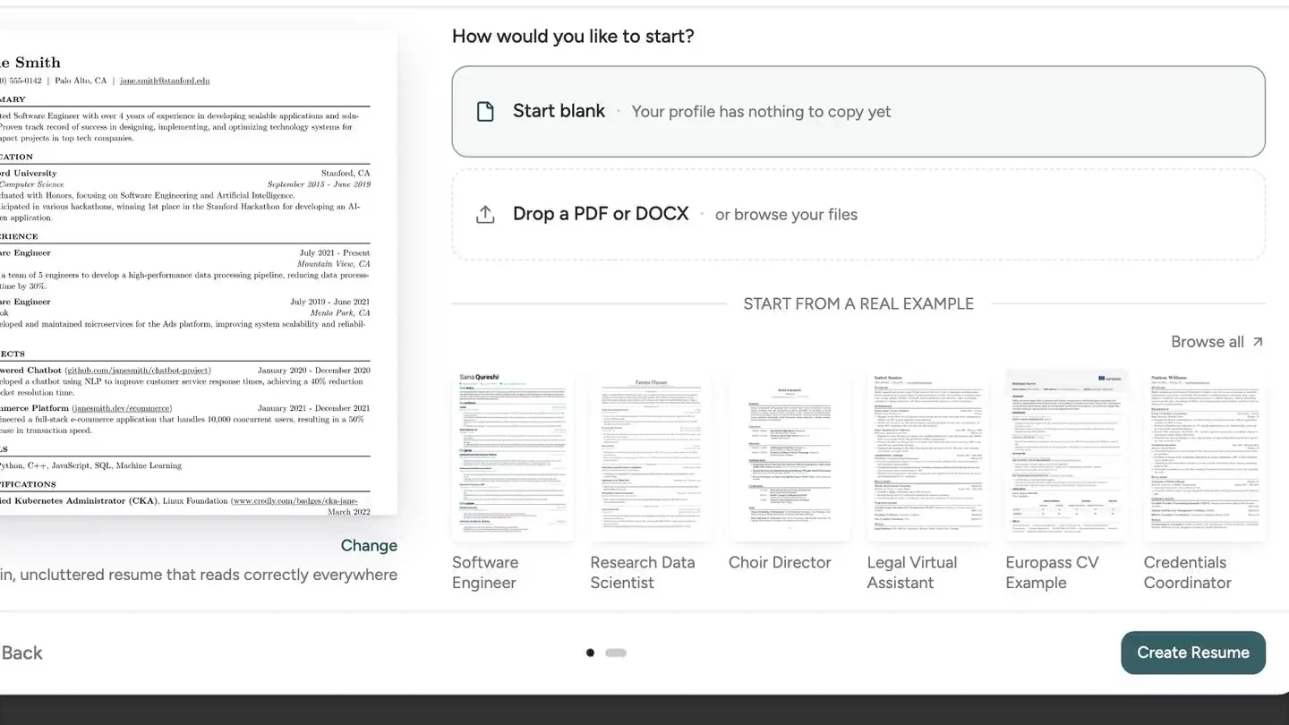 A resume dropped into a Data Analyst example as a PDF, coming back in the example's design with its own details