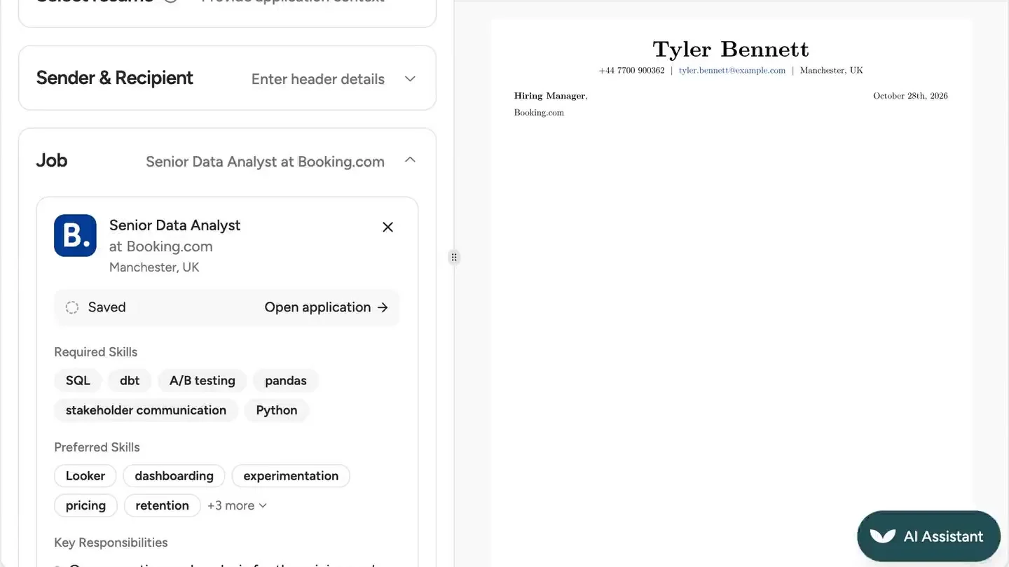 A cover letter for a Senior Data Analyst job written from the resume in one click, shown as a suggestion before it is accepted