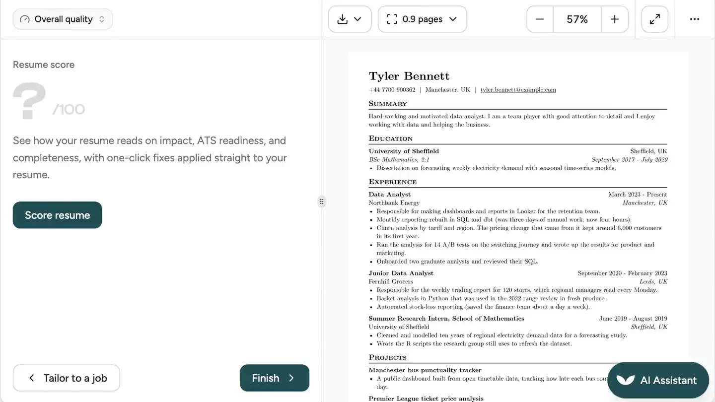 A resume scored against a saved job, its suggested fixes applied in one click, and the resume scored again