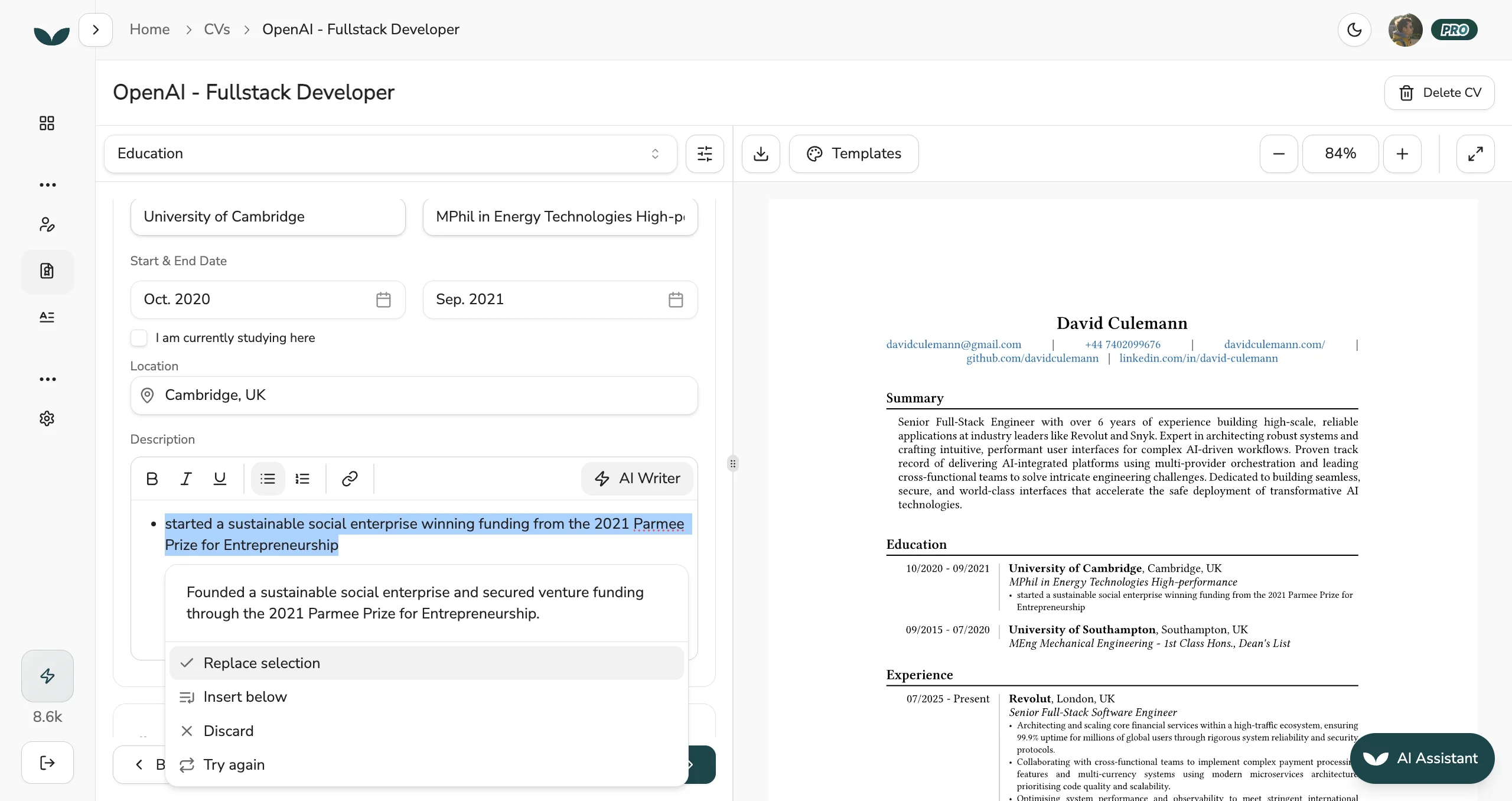AI Writer editing a CV