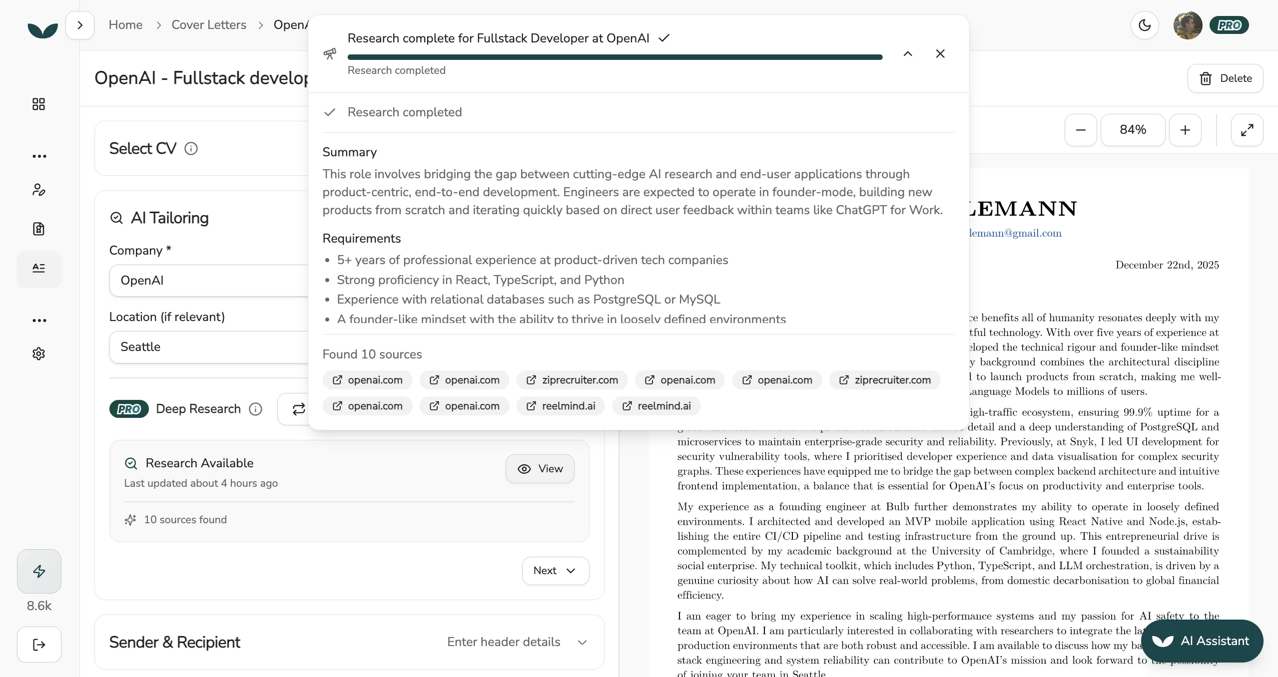 Cover letter with AI assistance