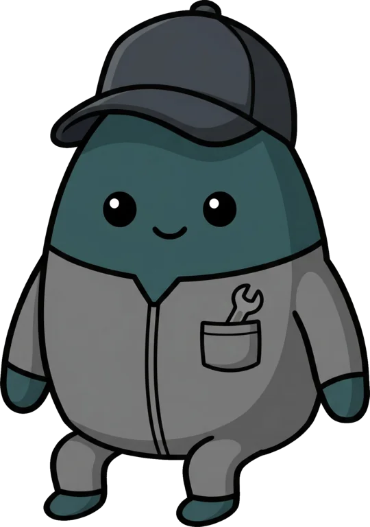Sprout in a mechanic's cap and grey coveralls