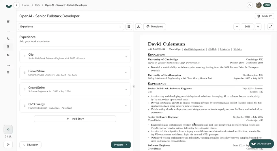 AI Assistant updating a CV document