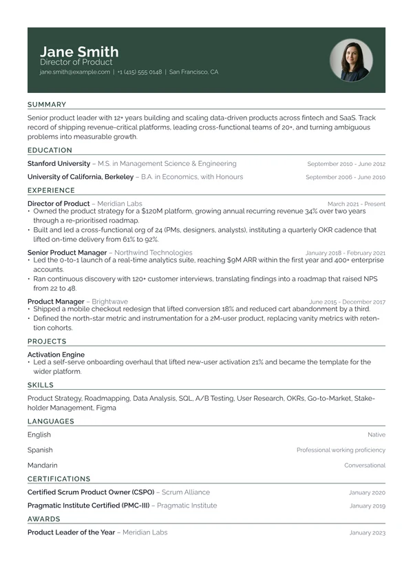 Banner resume template - single-column CV with an accent header band
