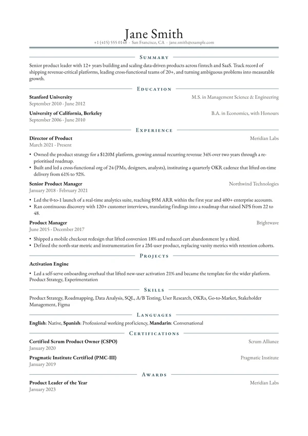 Crest resume template - formal centred serif CV with a double-rule masthead