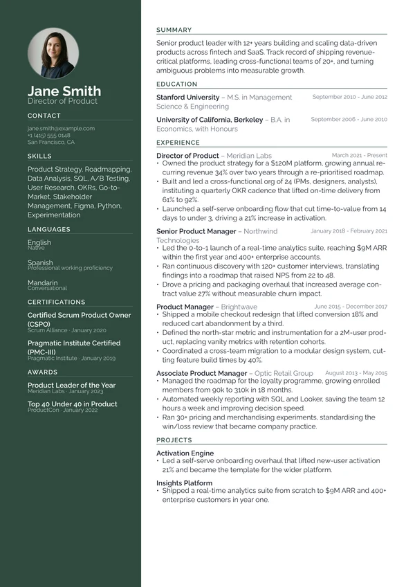 Slate resume template - corporate two-column CV with a filled accent sidebar