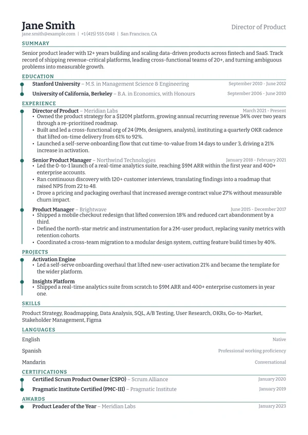 Timeline resume template - single-column CV with a vertical accent timeline
